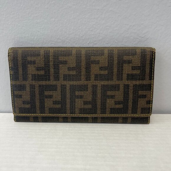Fendi Handbags - Fendi Tobacco/Yellow Zucca Coated Canvas & Leather Long Wallet - Preowned